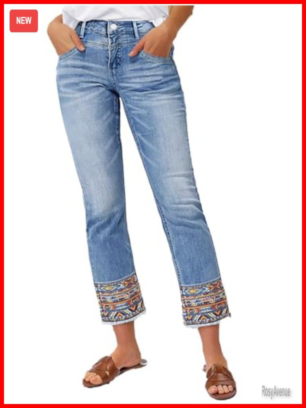 Straight Leg Cropped Jeans Tribal Embroidered Raw Hem Stretch Denim